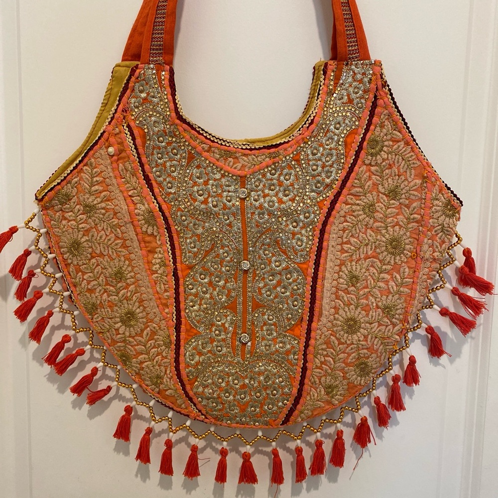 Embellished Orange & Gold Boho Tote Bag